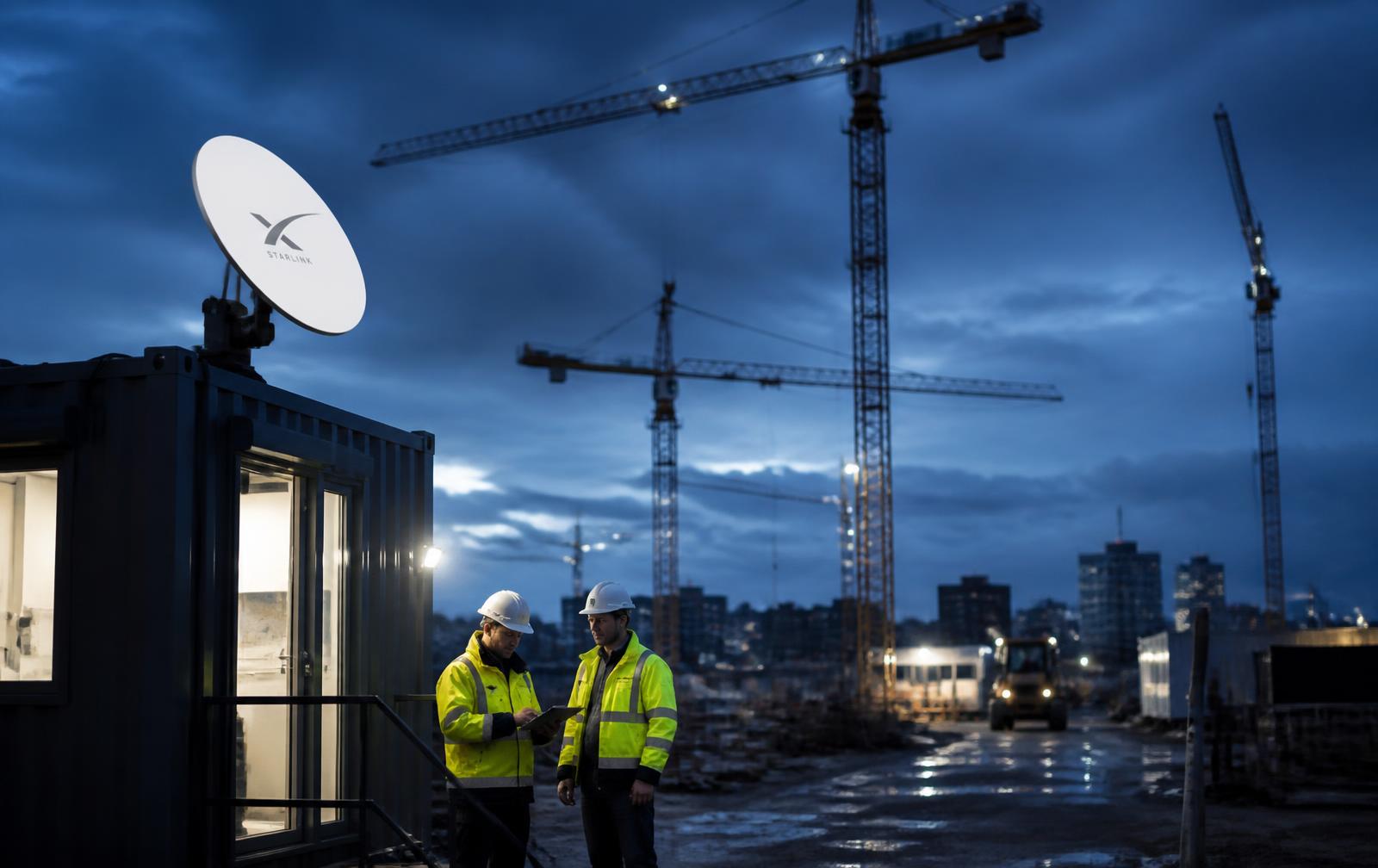 Construction site at blue hour with a satellite terminal on a site office