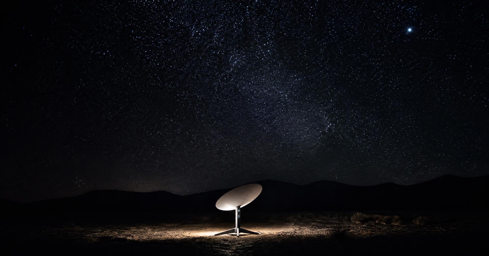 A single illuminated satellite terminal beneath a vast starry sky