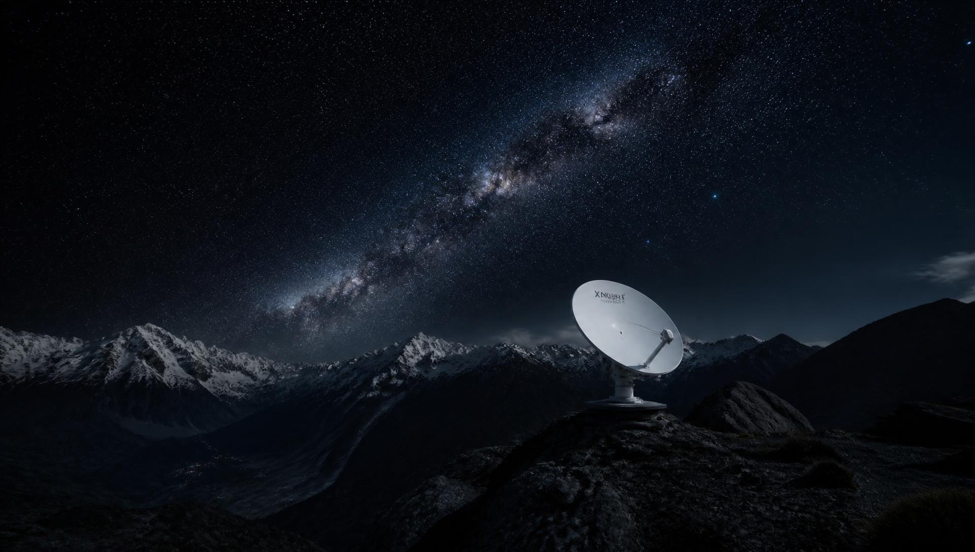 Satellite internet terminal under a star-filled night sky in a mountain landscape