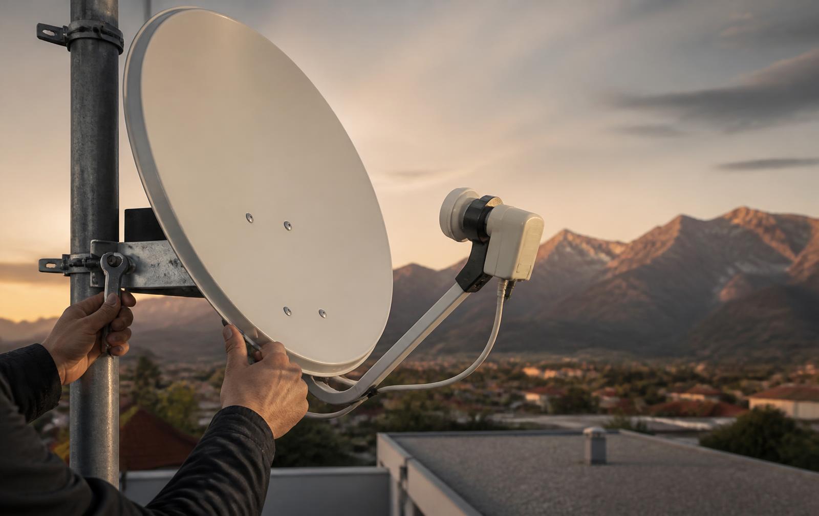 Technician mounting a satellite dish on a rooftop