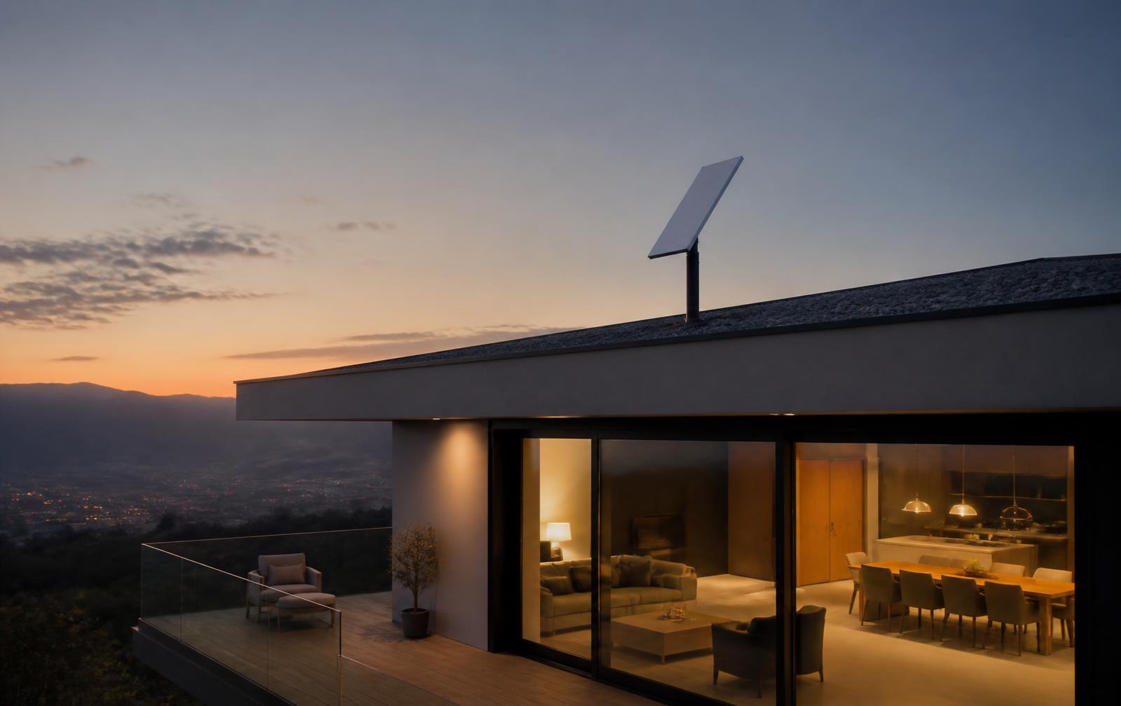 Modern home at dusk with a satellite terminal mounted on the roof