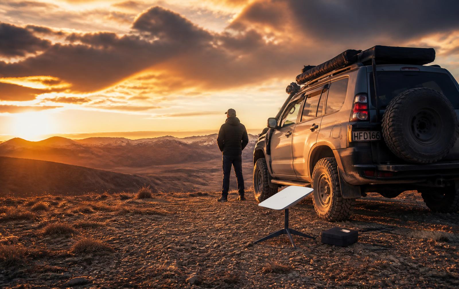 Overland vehicle and portable satellite terminal at a remote plateau at sunset